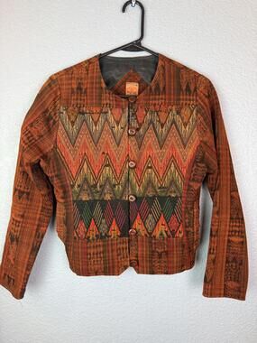 KEM Jacket Womens Medium Orange Woven Tribal Button Front Boho Guatemala
